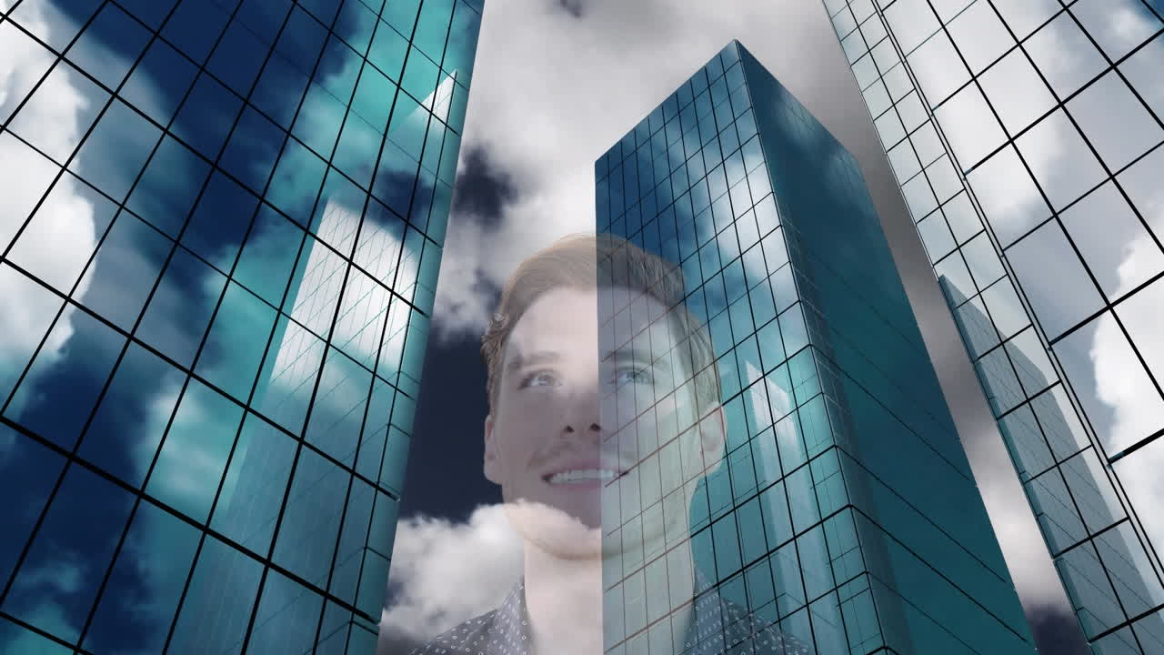 Digital composition of caucasian man smiling against tall buildings in background