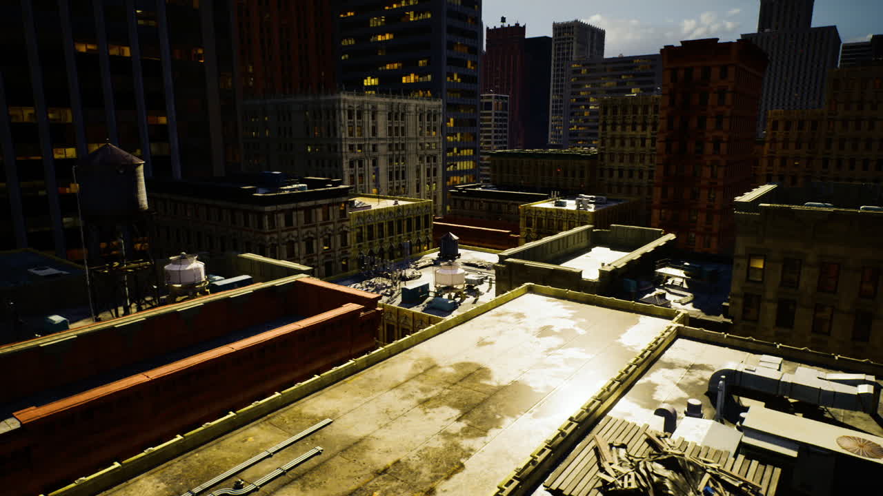 Goldenlit roof with shadows and scattered vents captured from above