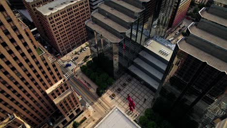 aerial view of a city intersection with modern and historical buildings