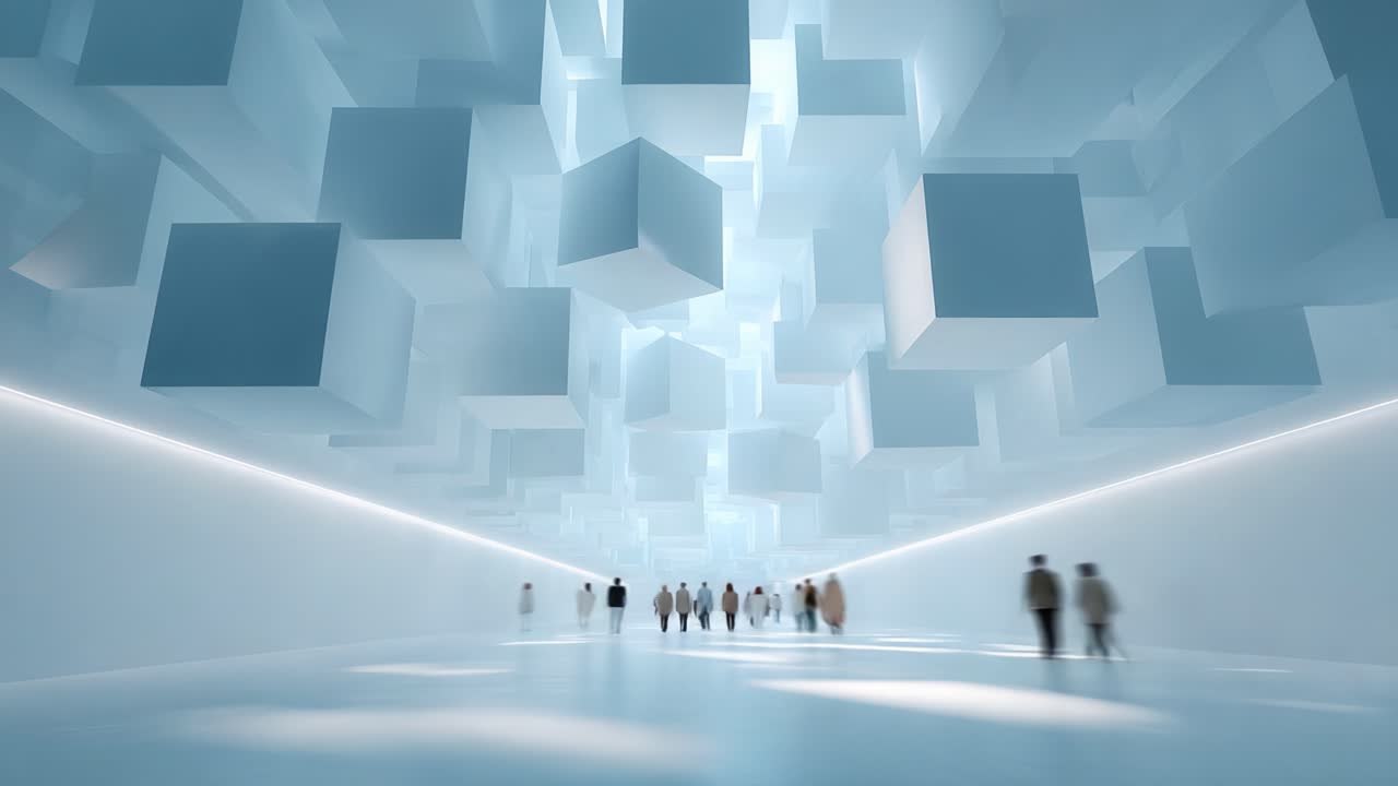 A Futuristic Scene of a Minimalist Hallway Filled with Floating Cubes and Silhouetted Figures, Evoking a Sense of Wonder and Exploration in a High-Tech Environment