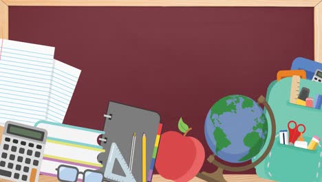 animación de múltiples materiales escolares que se mueven en un tablero escolar rojo
