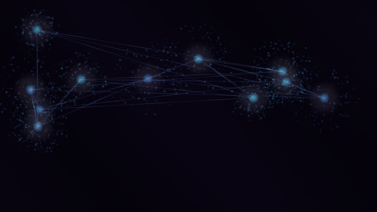 Abstract blue and cyan particles cluster and connect in a web-like pattern against a dark background, creating a sense of digital network motion