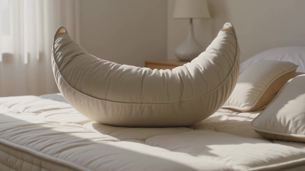 Cuscino a mezzaluna che si sposta, si sistema e si gonfia sul materasso, stimolato dalla luce del sole che filtra attraverso tende trasparenti.