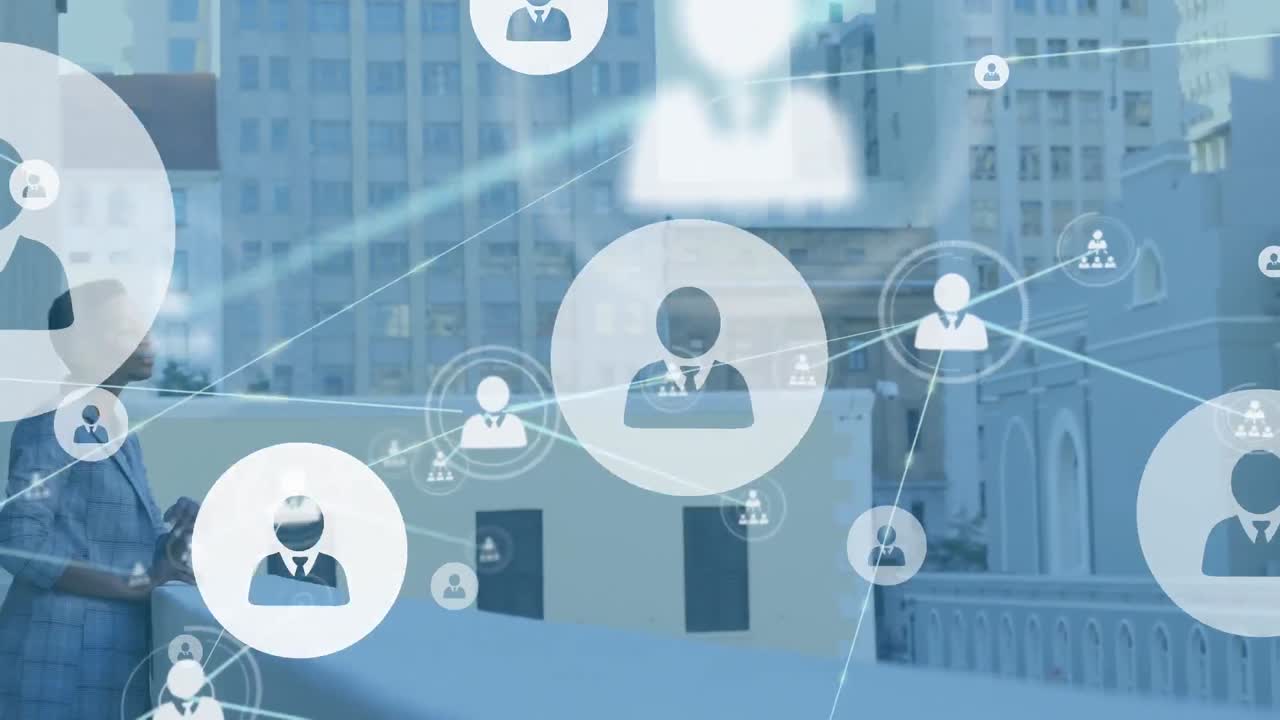 사무실 테라스에서 사려 깊은 아프리카계 미국인 사업가에 대한 프로필 아이콘 네트워크의 애니메이션