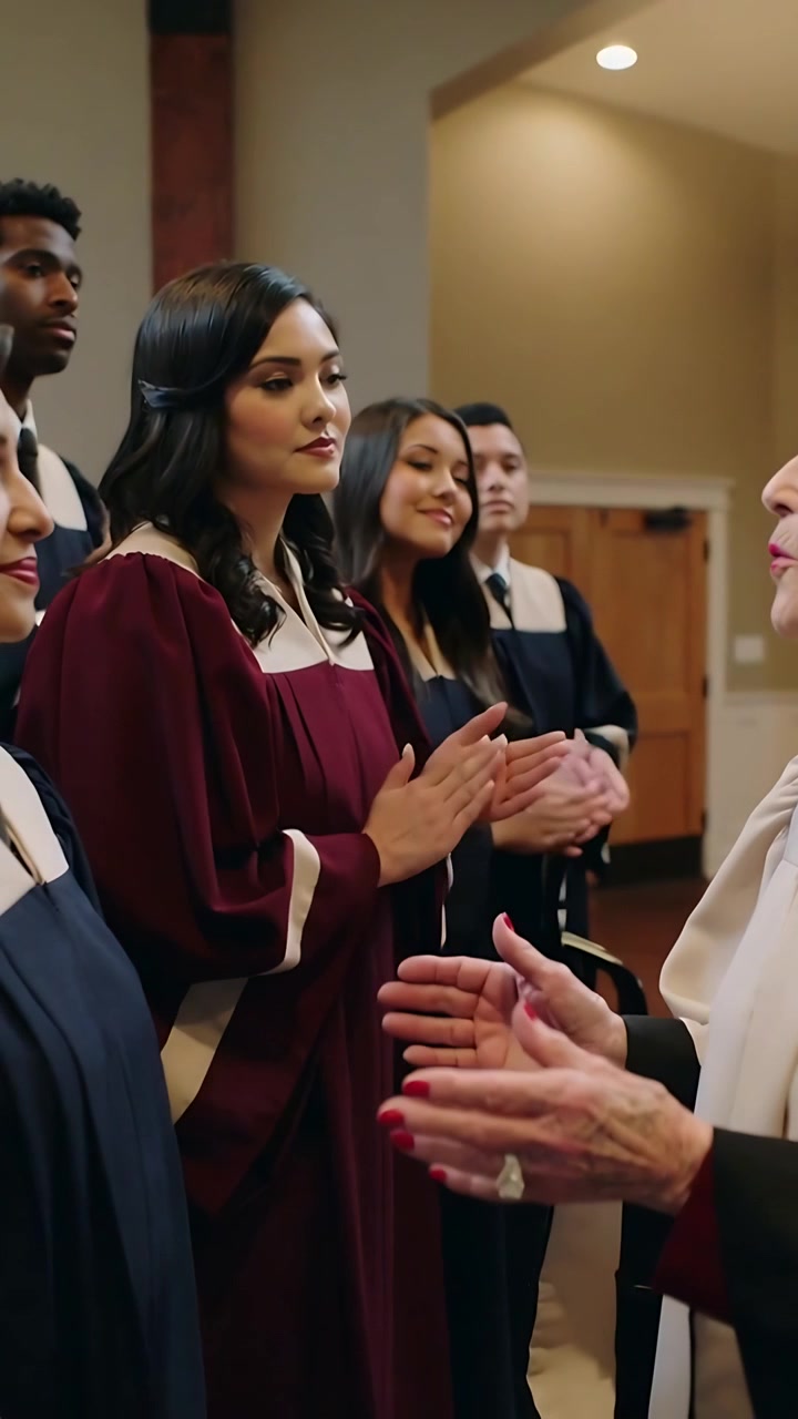 Vertical video: Clapping choir facing senior woman speaking in hall, wearing maroon robes