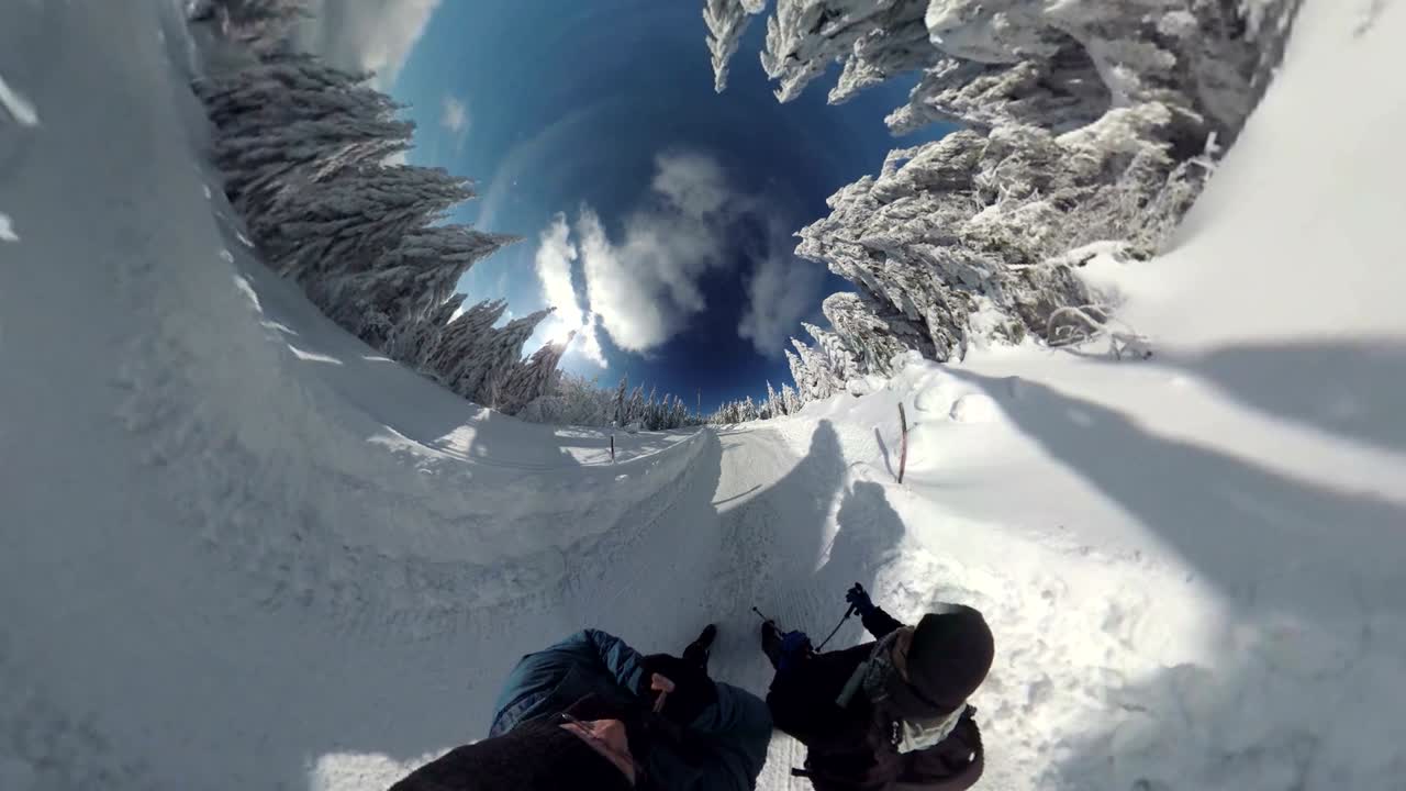 아름다운 겨울 숲을 고 있는 커플, 360° 영상, 360° vr, 리틀 플래 효과