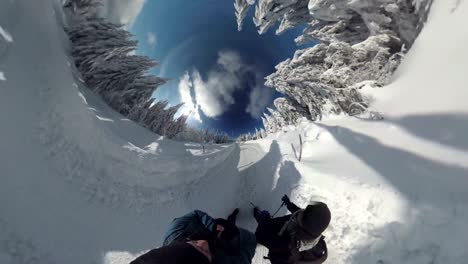 pareja caminando a través de un hermoso bosque de invierno, vr360, 360vr, 360 video, 360 grados, vr, pequeño efecto planeta