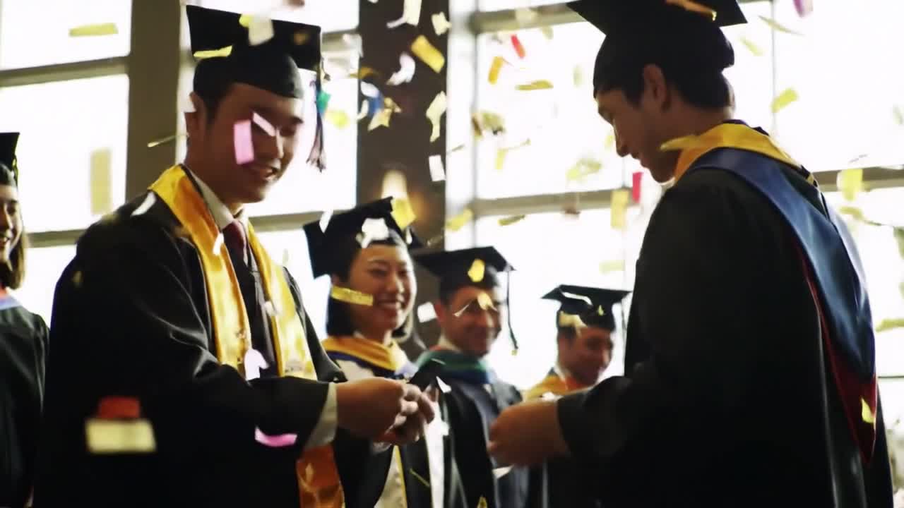 Students in caps and gowns participate in a graduation ceremony inside ...