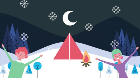 escena de paisaje nevado de invierno con personas acampando