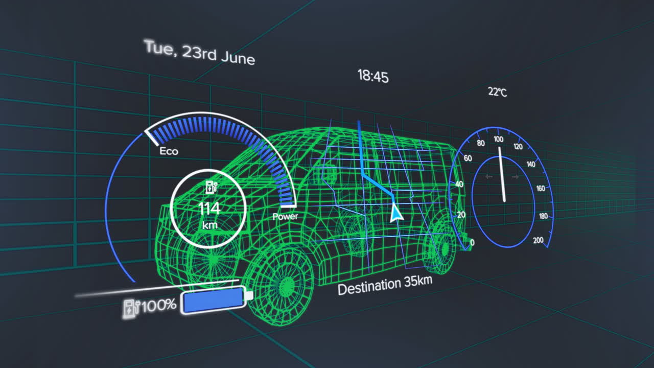 Animation of speedometer, gps and charge status data on vehicle interface, over 3d van model