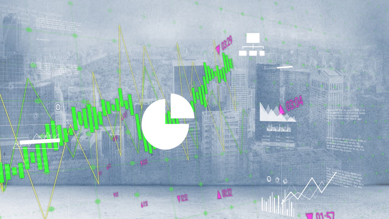 animación de gráficos y gráficos de procesamiento de datos sobre el paisaje urbano nublado