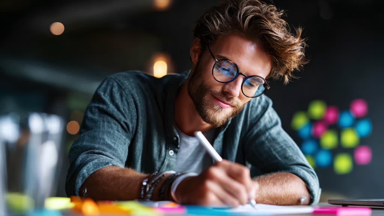 Focused Man in Glasses Writing on Paper Surrounded by Colorful Sticky Notes, Capturing a Creative Moment of Inspiration and Concentration in a Lively Workspace Environment