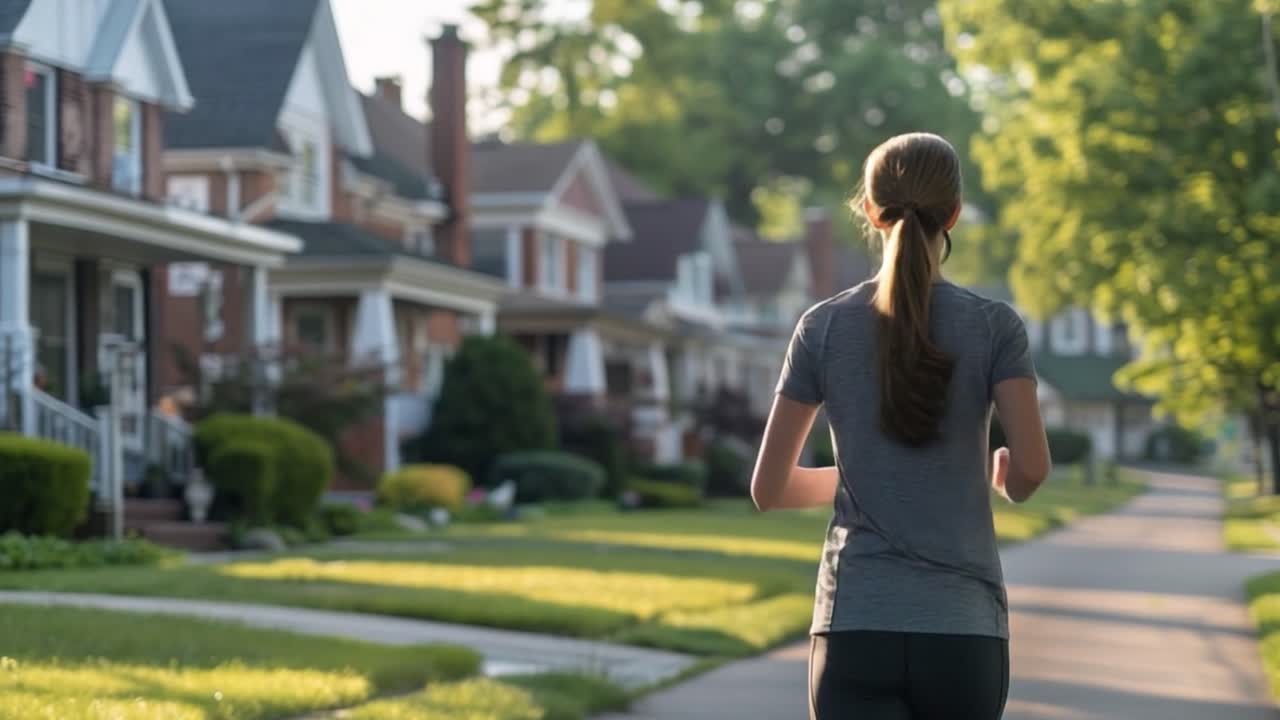 Woman jogging in a residential neighborhood