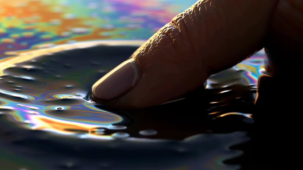 Close-up of a fingertip pressing against a glossy iridescent liquid surface with scattered droplets and dark reflections, creating a colorful abstract texture