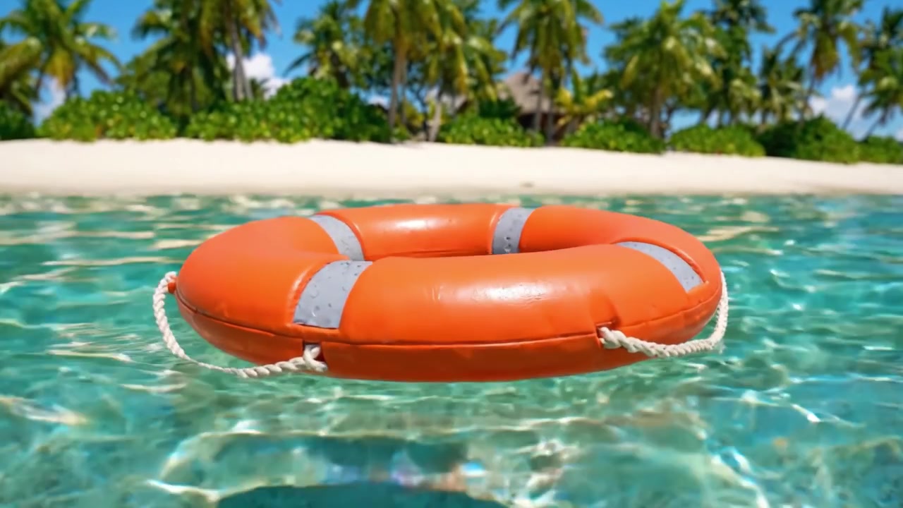 Floating Lifebuoy in Crystal Clear Tropical Waters Surrounded by Lush Palm Trees and Sandy Beach, Evoking a Sense of Tranquility and Safety in Paradise