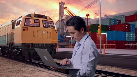 side view of an asian male professional worker standing with his laptop with freight cargo train at port, typing on his laptop's keybaord with meditation