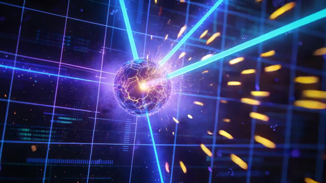 Converging cyan beams striking cracked sphere in 3D grid, flaring core and ejecting orange sparks