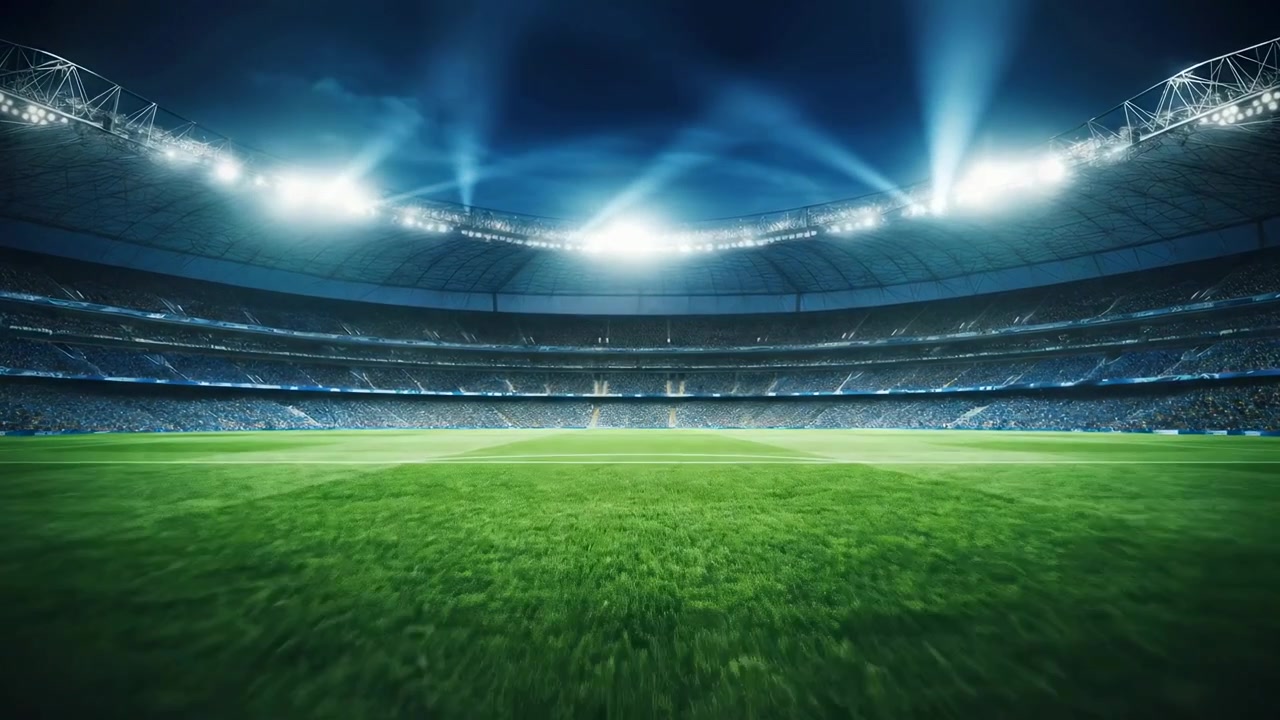 Campo da calcio illuminato di uno stadio di notte con la folla sugli spalti