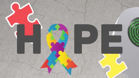 Animation-of-hope-text-over-puzzles-forming-ribbon-on-grey-background