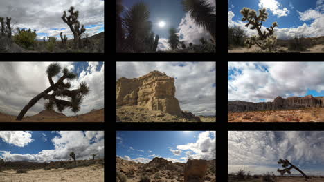 Neun-Kacheln-Mit-Jeweils-Unterschiedlichen-Zeitraffer-Wolkenlandschaften-In-Der-Mojave-Wüstenlandschaft