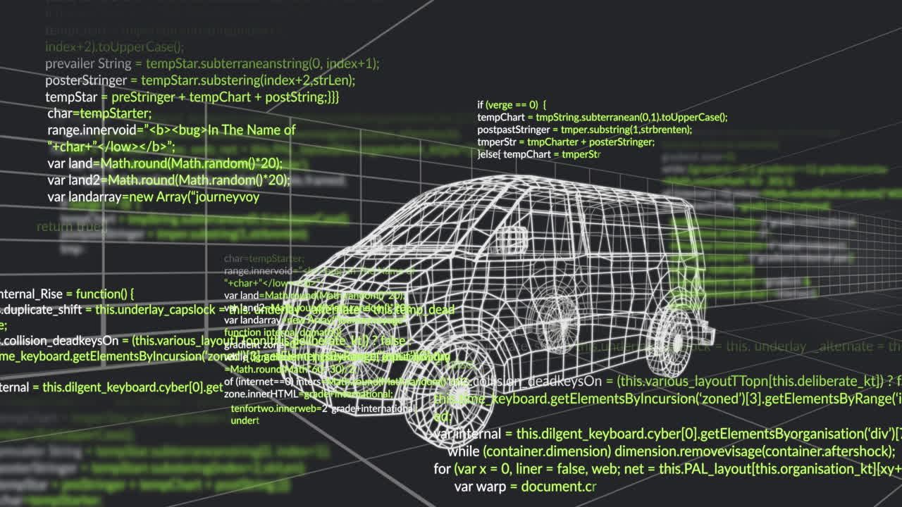 Wireframe cargo van rotating in grid workspace, overlaying neon code lines across dark background