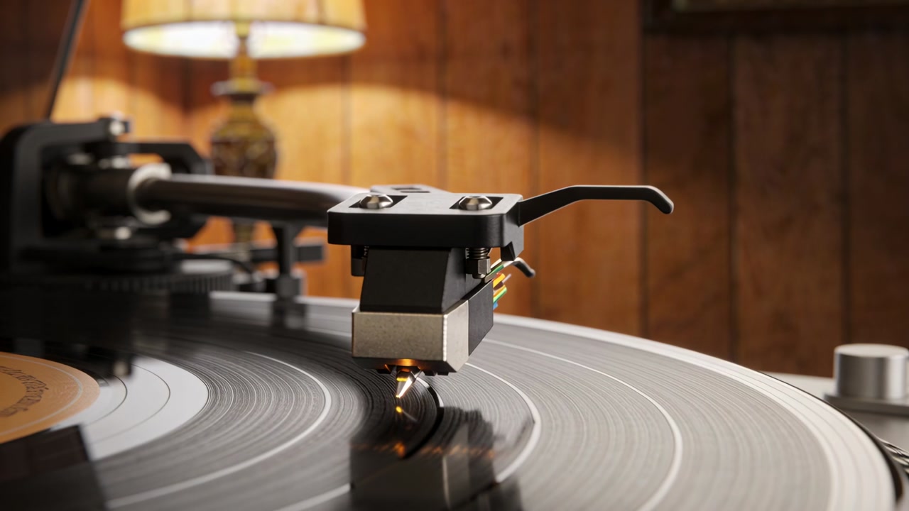 Tonearm stylus moving inward while vinyl record spinning, lamp and wood panels for music playback