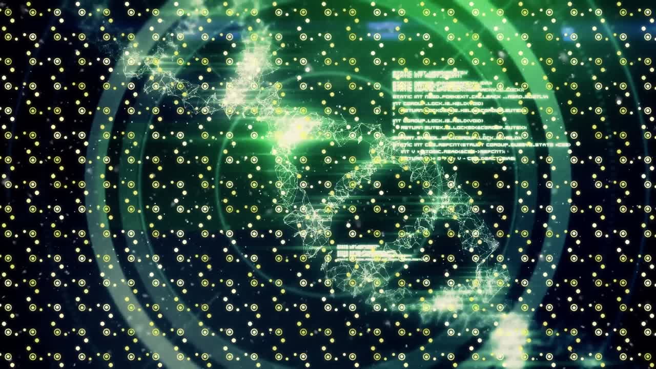 데이터베이스 위에 추상적인 패턴의 애니메이션, 검은색 배경 위에 회전하는 dna 나선과 원.