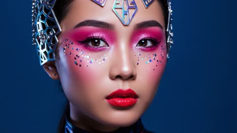 a stunning portrait of futuristic beauty: a close-up of a woman with bold makeup and ornate headpiece set against a blue background