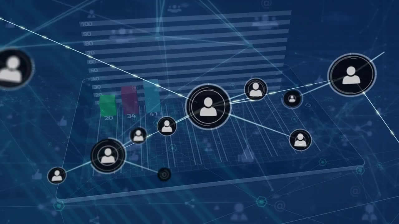 Animation of network of connections with icons over computer server
