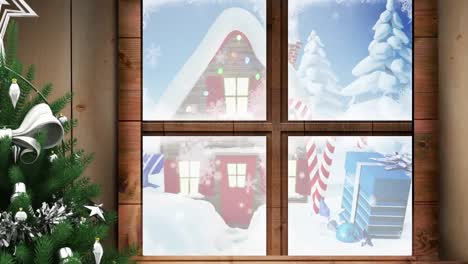 Animation-Einer-Winterlichen-Weihnachtsszene-Mit-Haus-Und-Geschenk-Durch-Das-Fenster-Gesehen