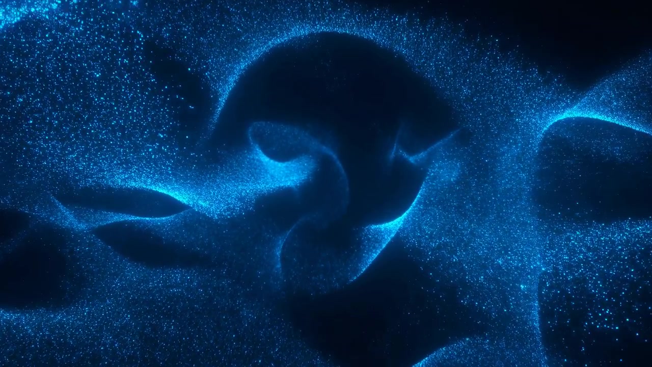 Particelle di luce blu astratte turbinano in onde fluide attorno a una forma centrale scura, creando un'atmosfera luminosa e futuristica su uno sfondo nero con illuminazione soffusa ai bordi