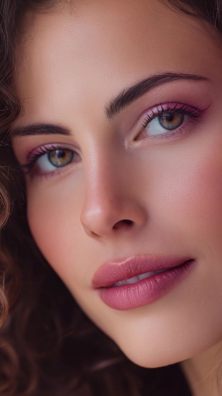 Captivating Close-Up of a Beautiful Young Woman with Mesmerizing Eyes and Flawless Skin, Emphasizing Her Natural Beauty and Unique Features in a Subtle Makeup Look