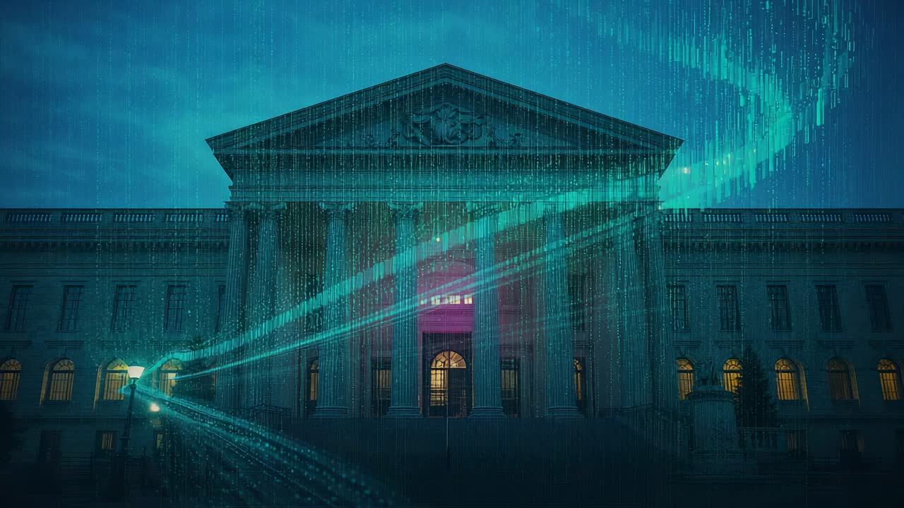 Sweeping teal-green ribbons moving across columned building during rain, originating near lamppost