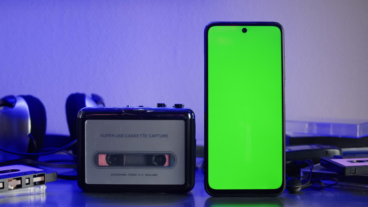 A vintage cassette player and a modern smartphone are placed next to each other against a green screen background