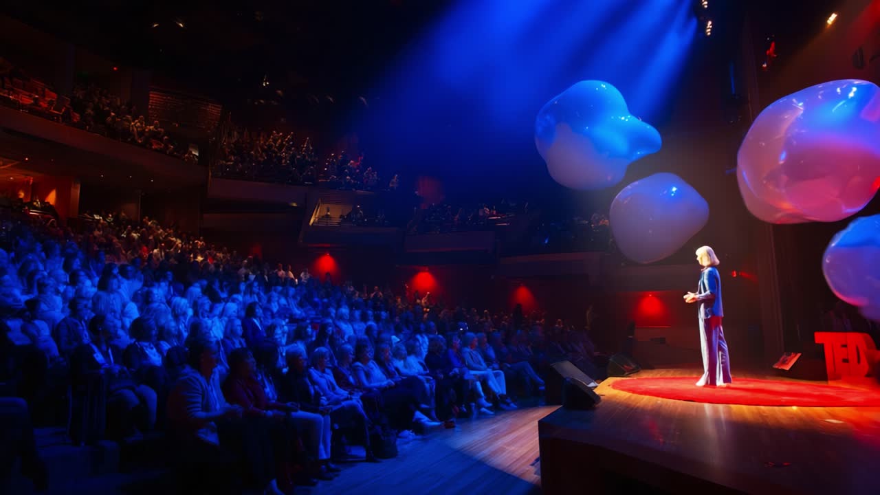 A captivating speaker engages a large audience in a vibrant theater setting, illuminated by dramatic lighting and eye-catching visuals that enhance the presentation experience