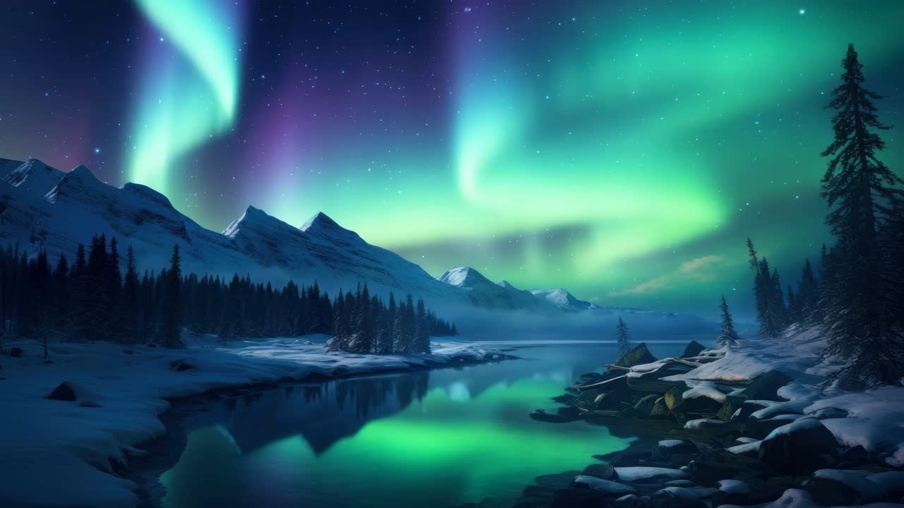 Stunning wide-angle shot of the Northern Lights over a snowy landscape, ideal for a serene nature
