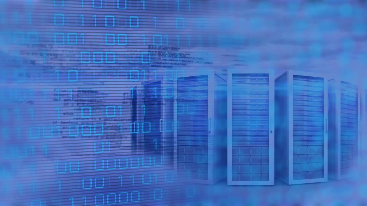 Animation of binary coding against computer servers in the sky