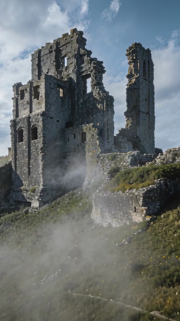 Vertical video: Sliding camera showing ruined stone castle and tower on terraces, revealing masonry