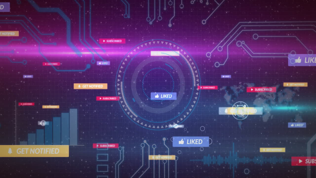 Animation of digital interface with social media notifications over world map