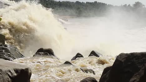 Heavy-flow-of-water-dropping-off-of-waterfalls-of-Usri-River-at-Usri-Falls-in-Giridih,-Jharkhand,-India-on-Tuesday-6th-October-2020