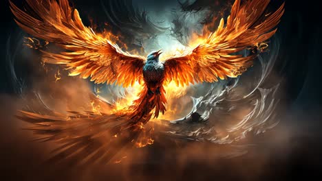 majestic phoenix rises with fiery wings against dark background