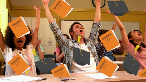 book and graduation caps falling against group of students celebrating in classroom