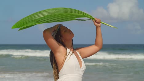bonitas sombras femeninas jóvenes bajo una hoja de palma en una playa tropical