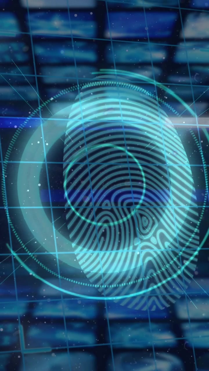Animazione di elaborazione dati e scansione su sfondo scuro.