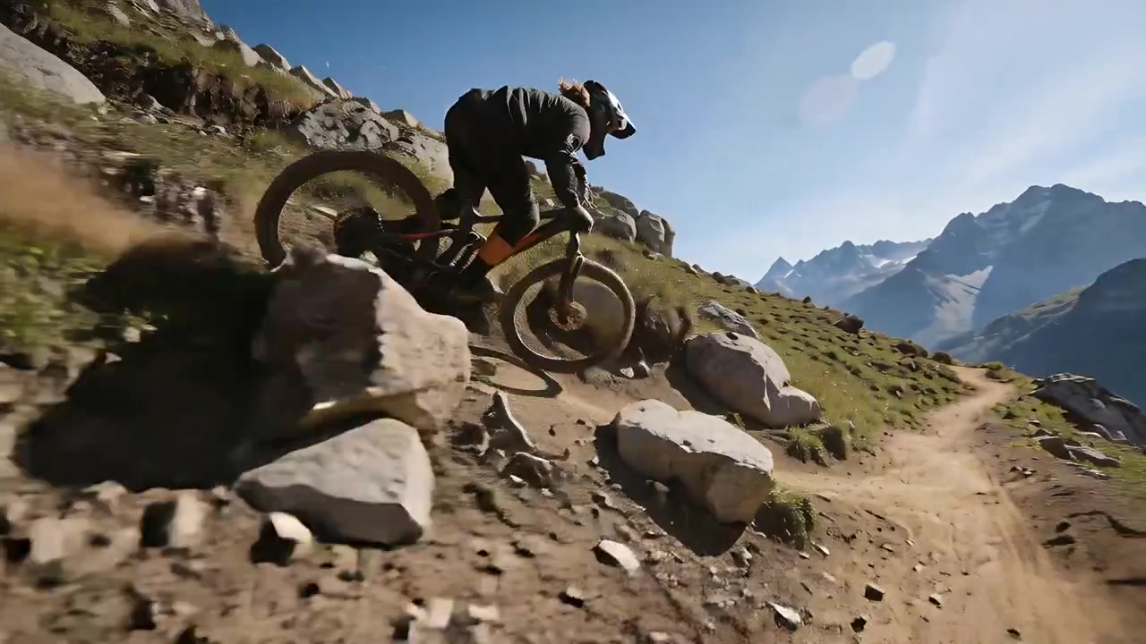 Ciclista in piega che si avvicina a un salto roccioso, lanciandosi su un sentiero alpino con bici e casco, mantenendo il ritmo.