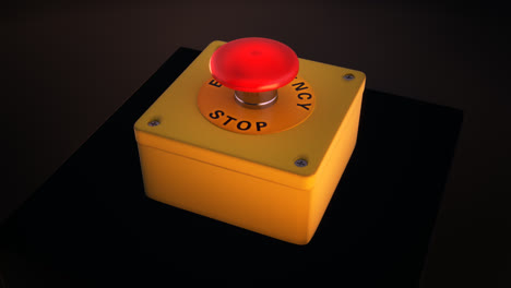 a retro smoky control center room with big vintage red button with the ‘emergency stop’ words on the panel. when the accident happens, the switch is activated and red light is flashing in the button.