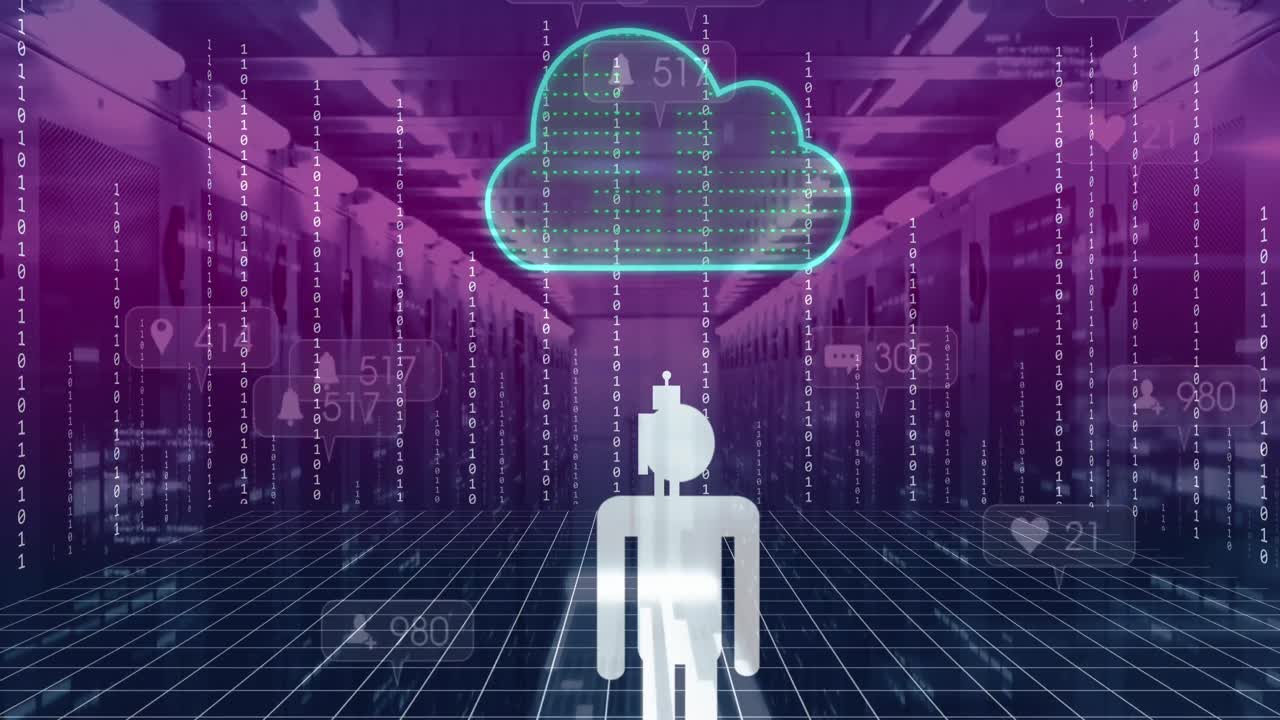 animación de un procesamiento de datos y iconos de personas sobre la sala de servidores, la nube y la codificación binaria