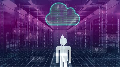 animazione di icone di elaborazione di dati e persone su server room, cloud e codifica binaria