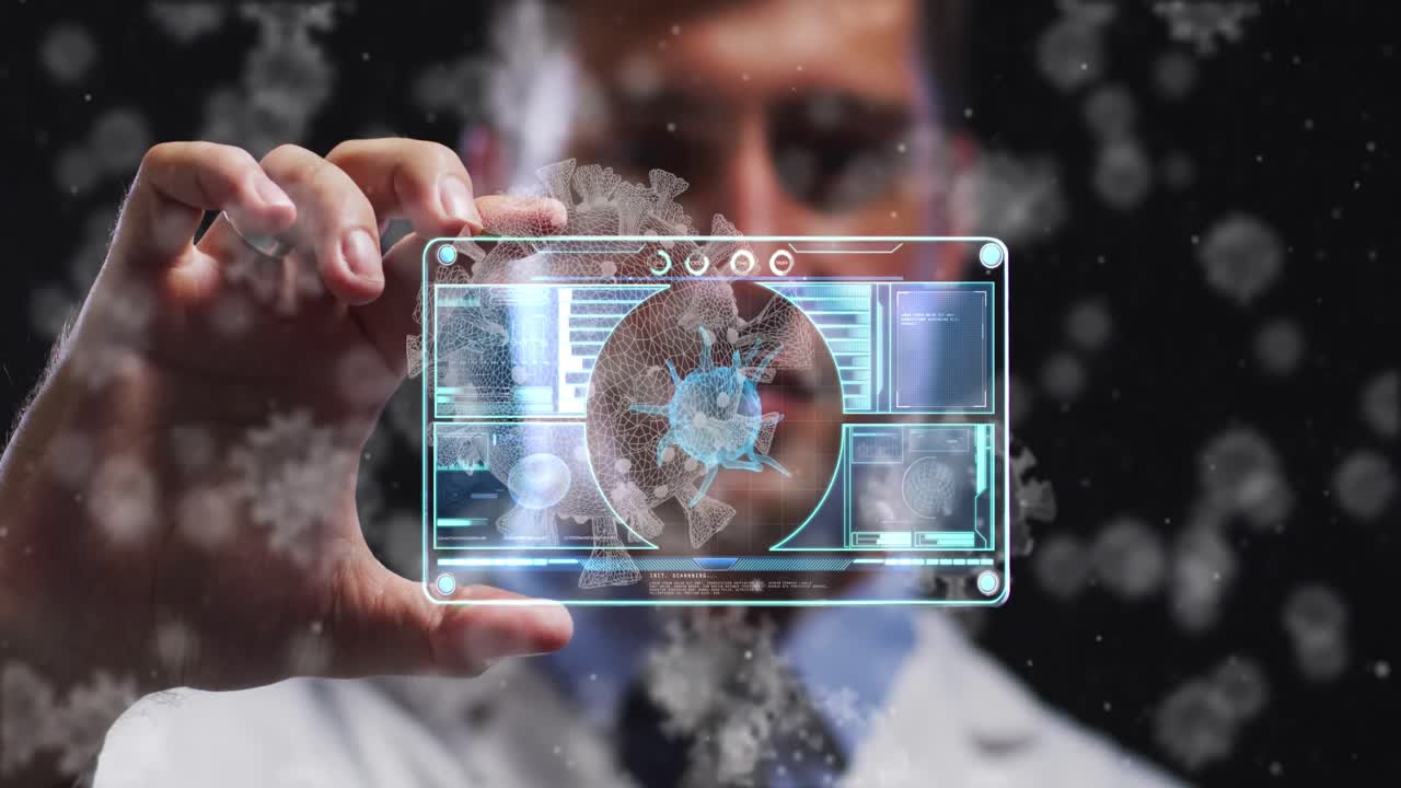 animación de células covid sobre la pantalla de retención del médico masculino con procesamiento de datos médicos