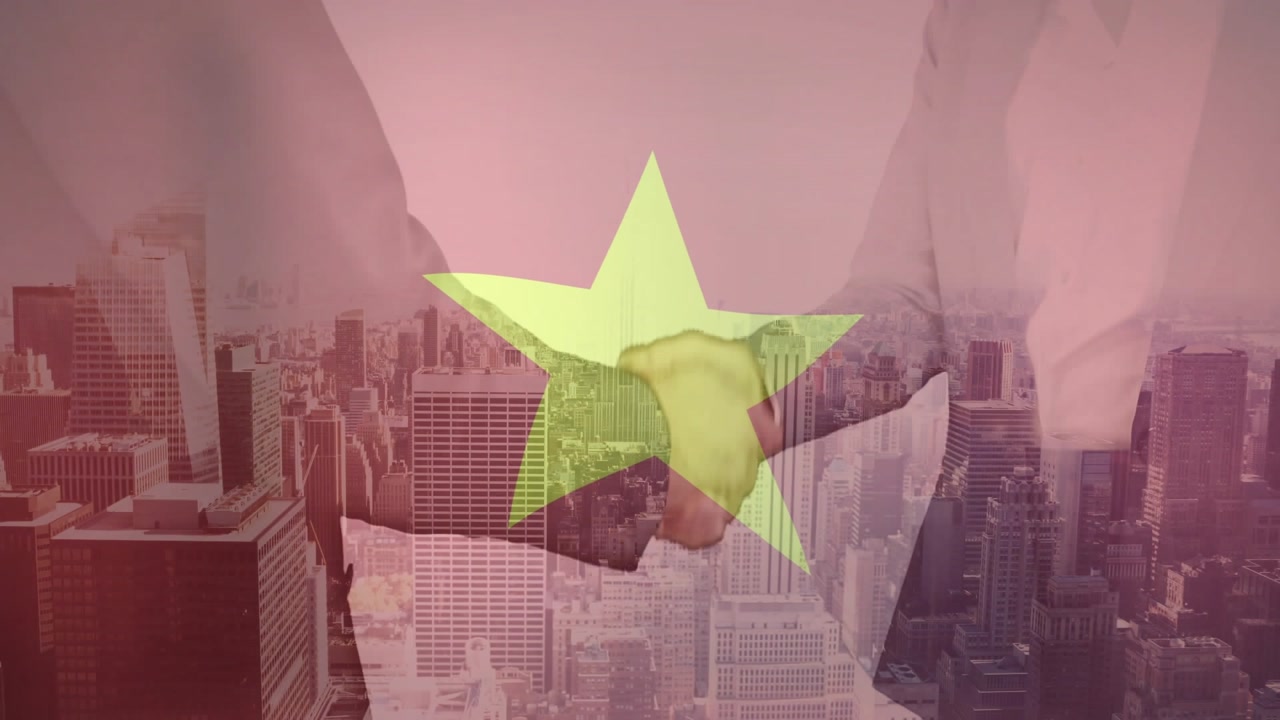 Two business professionals meeting hands, sealing deal, star pulsing over hands against city